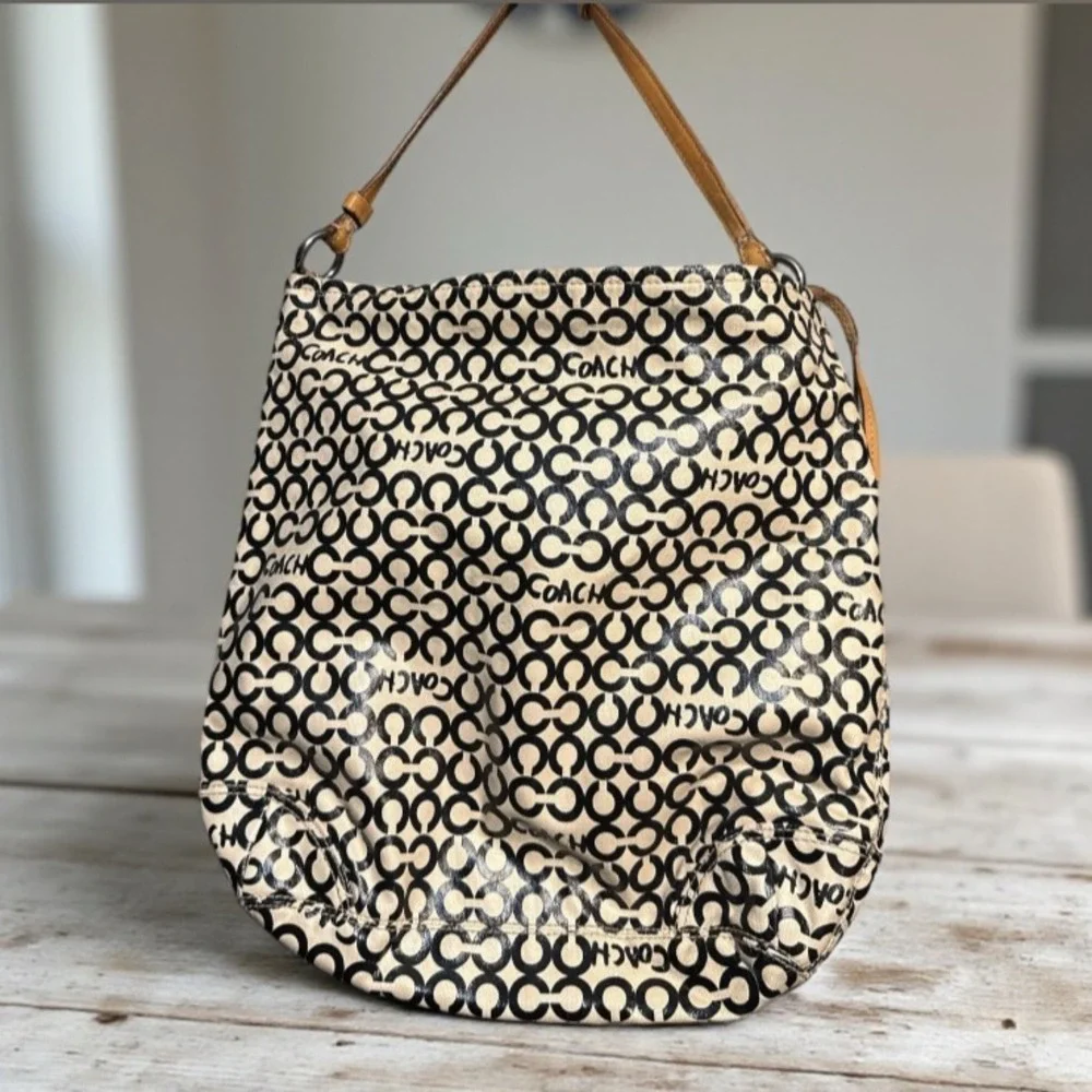 Coach Op Art 'Leah' Coated Canvas Hobo Black Off-White Natural Leather Trim Bag